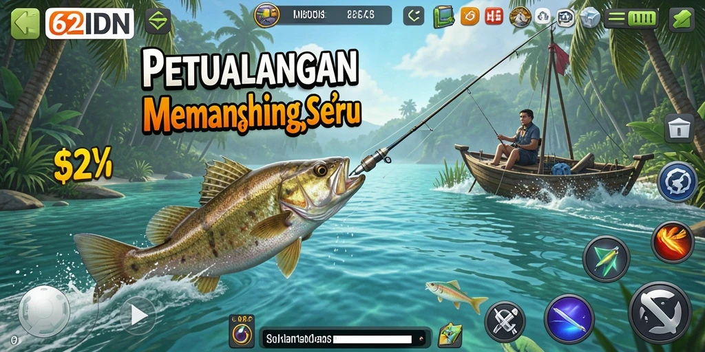 Screenshot gameplay 62IDN menampilkan aktivitas memancing yang seru.