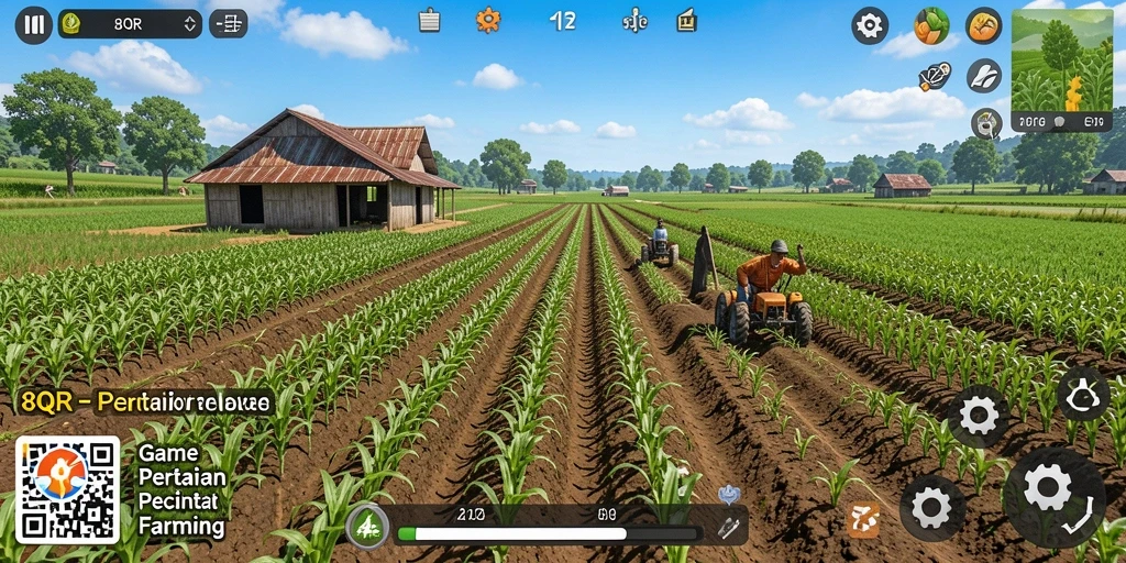 Tampilan gameplay <strong>8QR</strong> yang menampilkan kebun yang subur.